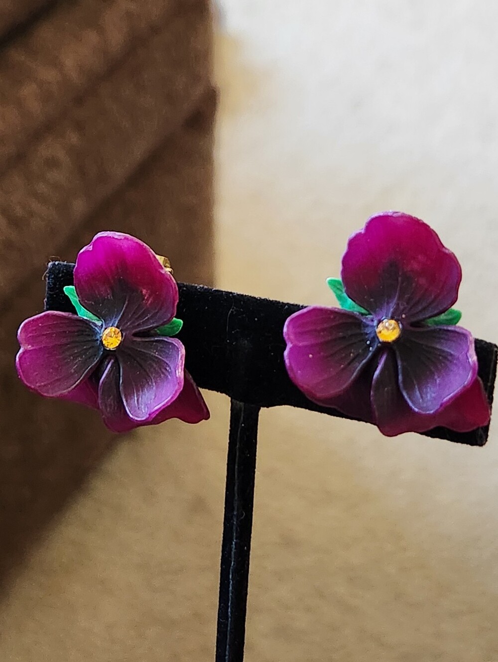Vintage Pansy Clip On Earrings West Germany